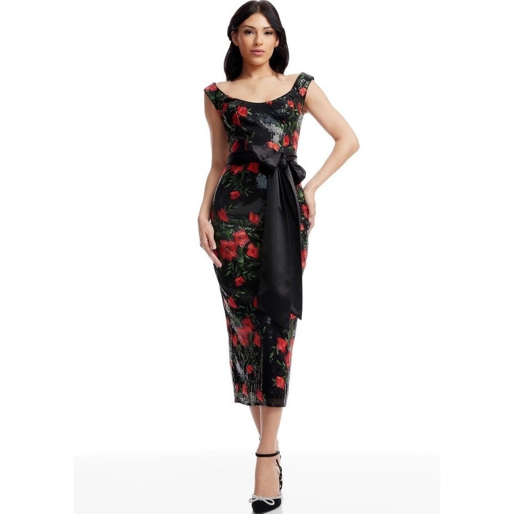 Dress the Population M Dottie Floral Jacquard Sequin Midi Dress Rose Multi NWT
